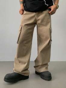 DAZY Autumn Solid-Color Khaki Cargo Pocket Men's Jeans - Khaki - View 3