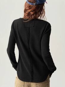 Bohemela 休闲纯色针织圆领长袖修身女式 T 恤 - 黑色 - 查看 2