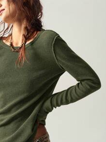 Bohemela 1 chiếc áo thun dài tay cổ tròn màu trơn đơn giản dành cho nữ - xanh quân đội - Xem 8