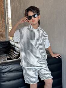 SHEIN Leap Crew Tween Boy Casual Half-Zip Vest & Shorts Set - Black - View 3