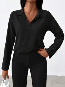 EURMUSE Solid Drop Shoulder Tee & Pants - Black - View 4