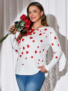 EMERY ROSE Plus Size Women Heart Print Round Neck Long Sleeve Casual T-Shirt,Valentine's Day,Heart,Spring/Summer
