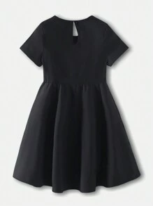 SHEIN 女孩优雅圆领短袖拼色 3D 蝴蝶结装饰高腰 A 字裙，夏季 - 黑色 - 查看 2