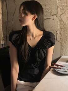 DAZY Women's Solid V-Neck Waisted Sleeveless Ruffle Blouse, Spring/Summer - Black - View 6