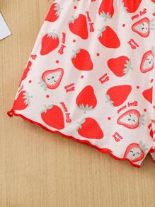 SHEIN Leap Crew Tween 女童水果图案针织吊带背心和短裤休闲家居服 2 件套 - 杏色 - 查看 4