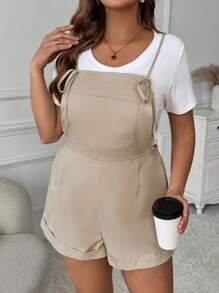 SHEIN LUNE Plus Size Women's Front Tie Pocket Loose Casual Bib Overall Shorts, Spring/Summer