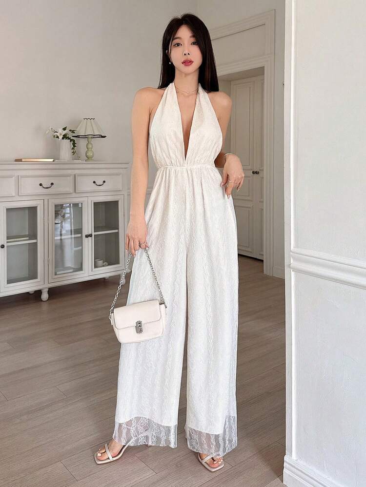 Elegant Women's Contrast Lace V-Neck Loose Jumpsuit, Spring/Summer Cruise Women Outfits Women Jumpsuits, Beach Outfits Jumpsuit For Women