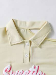 2 件套青少年女孩休闲街头风字母印花镂空长袖 Polo 衫搭配牛仔裙套装，适合春、夏、秋季