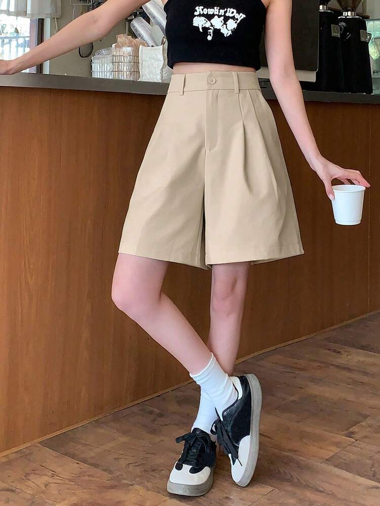 Women's Solid Color Front Button Pleated Casual Loose Shorts