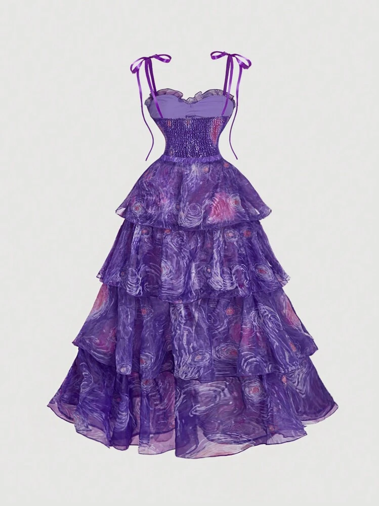 SHEIN MOD 1pc Women's Long Dress With Van Gogh Starry Sky Oil Painting Print, Party Dress, Multiwear Outfit Valentine's Day - Purple - View 2