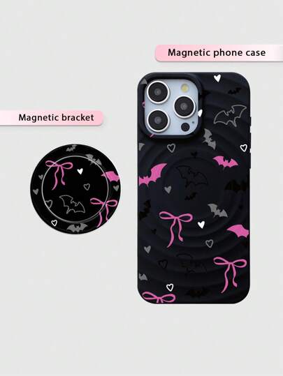 Goth 2 pezzi/set Custodia magnetica per telefono Magsafe con stampa a pipistrello e fiocco, custodia per ricarica senza fili, custodia magnetica con supporto magnetico a pipistrello e fiocco, compatibile con iPhone