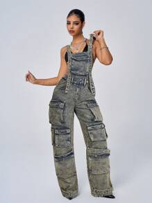 SHEIN ICON Solid Color Sleeveless Denim Overalls With Pockets And Thick Straps - Dark Wash - View 7