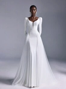 Elitara Elegant White Luxury Satin Deep V Neck Wide Shoulders Leg Of Mutton Sleeves Detachable Skirt Mermaid Skirt Train Suitable For Wedding Festival Bridal Gown Wedding Dress - White - View 1