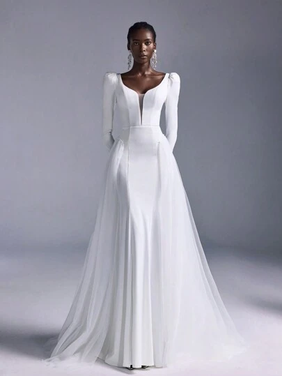 Elitara 优雅奢华白色性感深 V 领修身超长鱼尾裙，下摆超大，适合婚礼、正式活动、派对、长款女士礼服