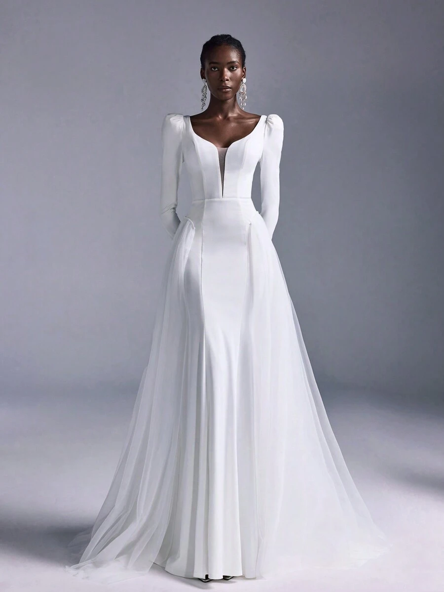 Elitara Elegant White Luxury Satin Deep V Neck Wide Shoulders Leg Of Mutton Sleeves Detachable Skirt Mermaid Skirt Train Suitable For Wedding Festival Bridal Gown Wedding Dress - White - View 1