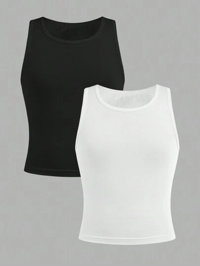 SHEIN Girlism Tween 女童简约纯色圆领休闲吊带背心 2 件套