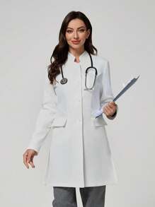 Scrubzie معطف معمل للنساء مقاوم للكرمشة ذو ياقة طويلة وذيل مشقوق، أبيض - أبيض - مشاهدة 3