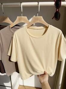 Comfortcana 3pcs/Pack Plus Size Basic Crew Neck Short Sleeve Colorful T-Shirts Top For Spring - Multicolor - View 7