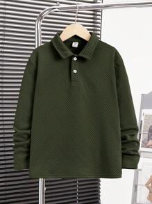 SHEIN Leap Crew Tweenboy Casual Textured Ribbed Fabric Polo Collar Long Sleeve Polo Top, Suitable For Spring, Autumn, Travel, School - Army Green - View 1