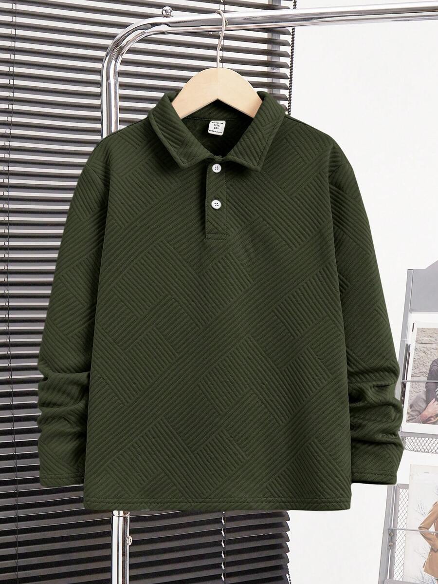 SHEIN Leap Crew Tweenboy Casual Textured Ribbed Fabric Polo Collar Long Sleeve Polo Top, Suitable For Spring, Autumn, Travel, School - Army Green - View 1