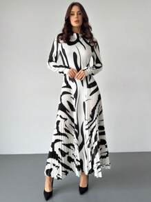 Firerie Women Elegant Autumn/Spring New Pleated Geometric Pattern A-Line Long Sleeve Bodycon Long Dress For Going Out,Teacher,Valentine's Day