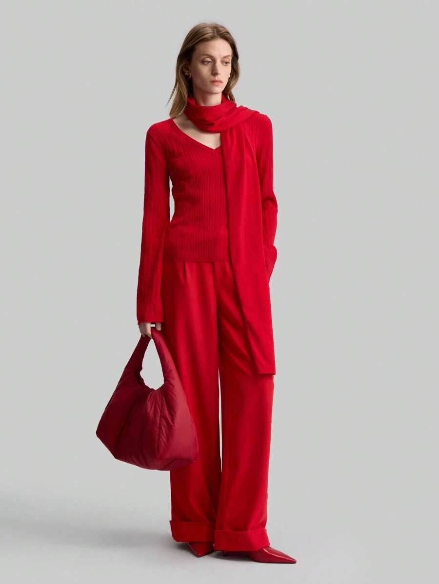 Ontre 女式红色 90 年代风格休闲罗纹针织 V 领毛衣，2025 年新品系列 - 紅色 - 查看 1