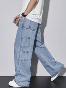 Manfinity EZcore 男士浅蓝色水洗宽松休闲工装直筒牛仔裤，都市休闲 - 淺色水洗藍 - 查看 6