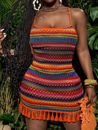 Slaydiva Beach Spring And Summer New Colorful Holiday U-Neck Suspender Cross Back Backless Slim Mini Skirt Tassel Hem Colorful Striped Diamond Plaid Women's Mini Dress