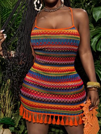 Slaydiva Spring And Summer New Colorful Holiday U-Neck Suspender Cross Back Backless Slim Mini Skirt Tassel Hem Colorful Striped Diamond Plaid Women's Mini Dress,Sundress,Summer Dresses For Women