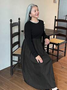 DAZY Vestido de punto de manga larga con patchwork, vestido ajustado de diseño para mujer, vestido de otoño