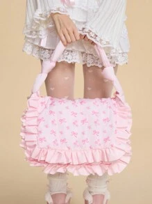 ROMWE Kawaii 1 pieza Bolso de mano grande con volantes y lazo rosa, adecuado para una cita del Día de San Valentín