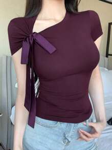 DAZY Summer Bowknot Sports Casual Tight-Fitting Women T-Shirt, Purple Top