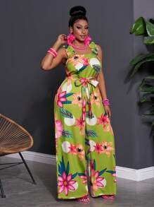 Slaydiva 2025 New Rave/Easter Outfit, Old Money Style, Country Concert Outfit, Going Out, Fairycore, Festival, Tropical Vacation Clothes, Summer Outfit For Women, Summer, Rave, European Summer, Spring Outfit, Western Wear Plus Size, Concert, Graduation Outfit, Versatile Daily Casual Minimalist Ruffle Tropical Floral Print Loose Sleeveless Solid Color Wide Leg/Baggy/Flowy/Palazzo Pants - Multicolor - View 5