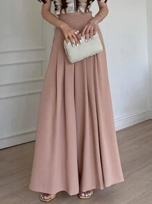 DAZY 女士纯色宽松优雅裤裙，高腰阔腿裤，商务休闲，四季皆宜 - 粉色 - 查看 1