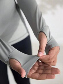 SHEIN Sports Casual Color Block Splice Long Sleeve Elastic Skin-Friendly Outdoor T-Shirt - Grey - View 7