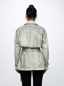 SUMWON WOMEN Foiled Denim Oversized Trench Coat Designer Double-Breasted Belted Outerwear Metallic Finish Street Style Fashion Statement Piece Fall Winter - Black - View 2