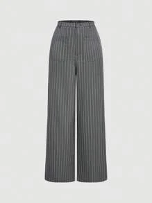 SHEIN MOD V-Neck Sleeveless Side Tie Gray Striped Vest & High Waist Straight Leg Pants Suit Set In Fall/Winter - Grey - View 3