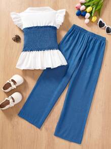 Ensemble blouse à manches longues avec col contrastant et pantalon à jambe droite pour préadolescentes