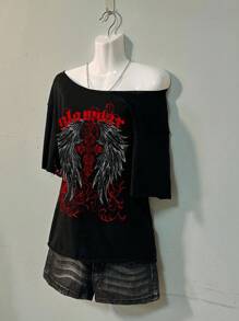 Attitoon 休闲简约翼与配英文文字落肩女式T恤，适合夏季