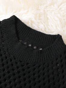 Manfinity Campus Court Aesthetic Post--Men's Casual Letter Pattern Hollow-Out Knitted Sweater, Autumn/Winter - Black - View 3