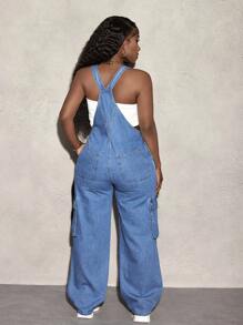 SHEIN Slayr Women's Casual Sleeveless Solid Denim Jumpsuit With Pockets - Light Wash - View 2
