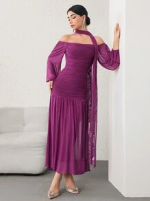 Modelyn Women's Ruffle Off Shoulder Long Sleeve Tie-Front Elegant Party Dress - Purple - View 6