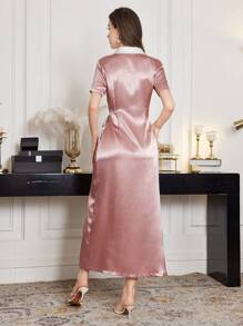 Modelyn Embroidered Jacquard White Lapel Collar Splice Elegant Slim Fit Dress For Women - Pink - View 2