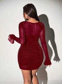 Viva Relle Plus Size Women Ruffled Flare Sleeve Sparkly Bodycon Mini Dress - Red - View 5