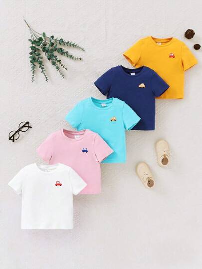 SHEIN 5 件/套男童休闲可爱日常舒适彩色图案 T 恤，柔软透气短袖 T 恤，带卡通印花，买二送一优惠，适合返校、郊游、聚会、所有季节