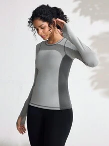SHEIN Sports Casual Color Block Splice Long Sleeve Elastic Skin-Friendly Outdoor T-Shirt - Grey - View 4