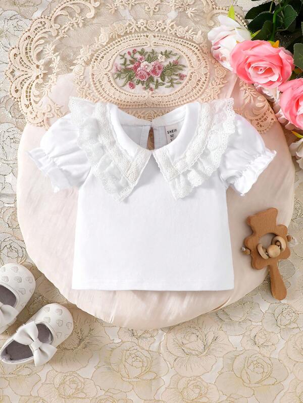 SHEIN Baby Girl Spring&Summer Casual Lace Decorated Round Neck Solid Shirt