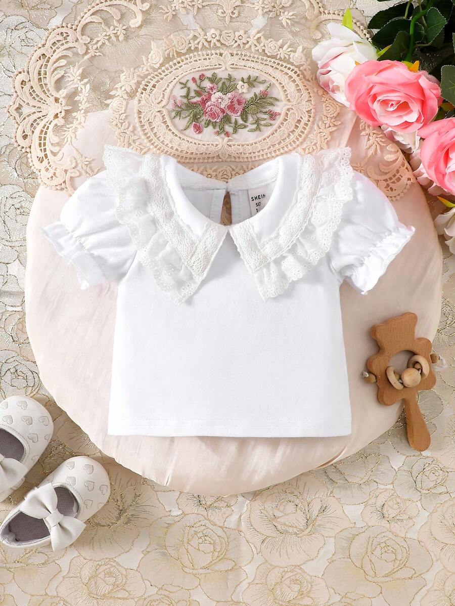 SHEIN Baby Mädchen Frühling & Sommer Lässig Spitze verziertes Rundhals einfarbiges T-Shirt
