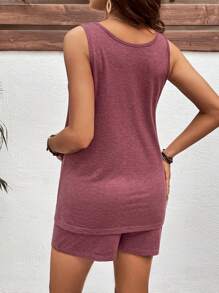 SHEIN 2pcs/Set Pregnant Women Solid Color Round Neck Sleeveless Tank Top And Adjustable Waist Shorts Maternity Set - Burgundy - View 7