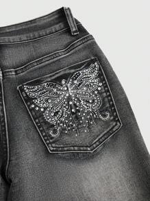 ROMWE Grunge Punk Y2K Vintage Distressed Low Waist Flare Jeans With Butterfly Embroidery And Rhinestone Decoration - Black - View 4